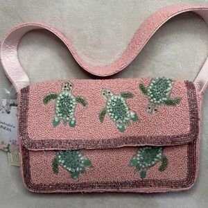 Made in India pink beaded with green sea turtles shoulder bag purse viral NWT